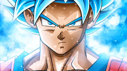 HD PC desktop wallpaper featuring Goku from Dragon Ball Super with intense blue hair and glowing blue eyes against a vibrant, energy-filled background.