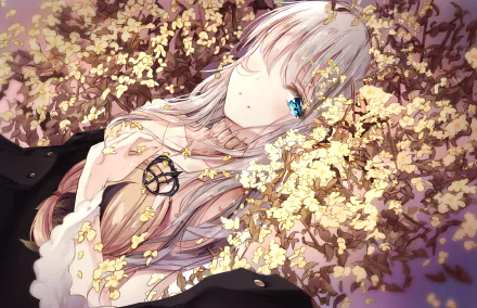 HD wallpaper and background featuring Anastasia from Fate/Grand Order, rendered in an anime style. Anastasia lies among golden flowers, creating a serene and enchanting visual.