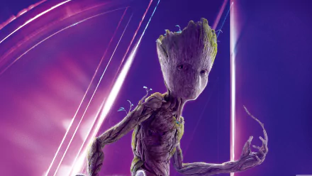 HD desktop wallpaper featuring Groot from the movie Avengers: Infinity War. The background is a vibrant mix of purple and pink with light streaks, highlighting the character in detailed clarity.