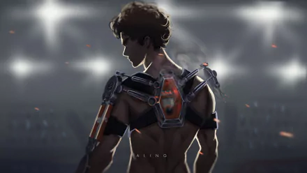 HD desktop wallpaper of Joe from the anime Megalo Box, showcasing his back with mechanical gear under stadium lights, capturing the spirit of boxing.