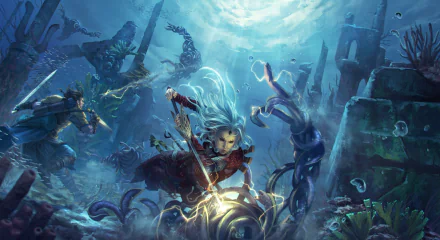 A blue-haired woman warrior wields a dagger underwater, surrounded by ruins and sea creatures, in a vivid fantasy scene for an HD PC desktop wallpaper.