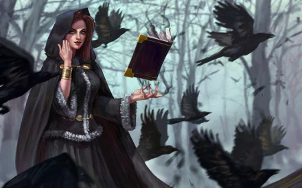 A hooded witch conjures magic with a glowing book in a misty forest, surrounded by flying ravens, captured in an HD fantasy desktop wallpaper.