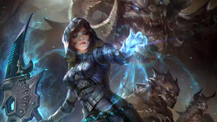 A hooded woman warrior wields glowing magic in front of a massive demon, gripping a sword in this HD fantasy PC desktop wallpaper.