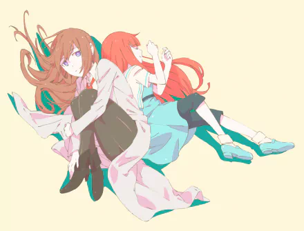 HD anime desktop wallpaper featuring Kagari Shiina and Kurisu Makise from Steins;Gate, depicted with vibrant colors and dynamic poses on a soft background.