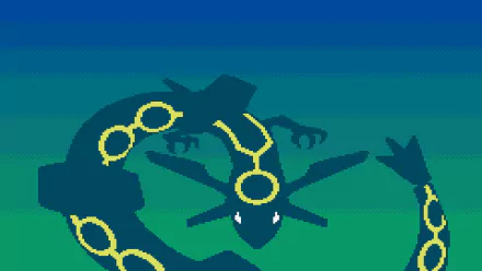 HD PC desktop wallpaper of Rayquaza from the video game Pokémon: Ruby, Sapphire, and Emerald — a coiling legendary serpent with glowing yellow rings against a green-blue gradient.