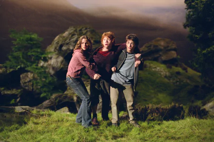 HD desktop wallpaper featuring Harry Potter, Ron Weasley, and Hermione Granger from the movie Harry Potter and the Prisoner of Azkaban standing together in a dark, rocky landscape.