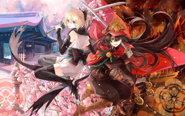 4K Ultra HD Fate/Grand Order wallpaper featuring Demon Archer and Sakura Saber in dynamic anime style with cherry blossoms and fiery background elements.