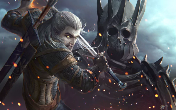 HD PC desktop wallpaper featuring Geralt of Rivia facing the warrior Eredin Bréacc Glas, both ready for battle with swords, from the video game The Witcher 3: Wild Hunt.