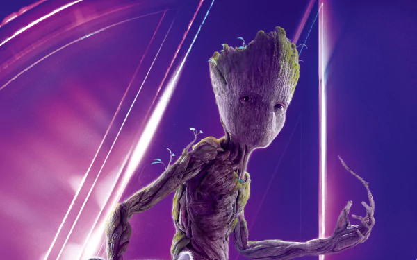 HD desktop wallpaper featuring Groot from the movie Avengers: Infinity War. The background is a vibrant mix of purple and pink with light streaks, highlighting the character in detailed clarity.