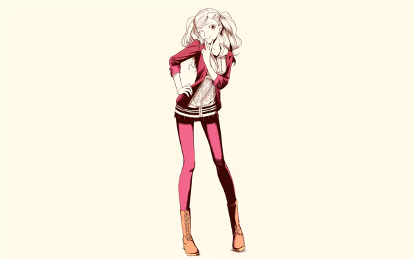 Ann Takamaki from the video game Persona 5 in a stylized pose on a cream background — HD PC desktop wallpaper showing her red jacket, pink leggings, and boots.