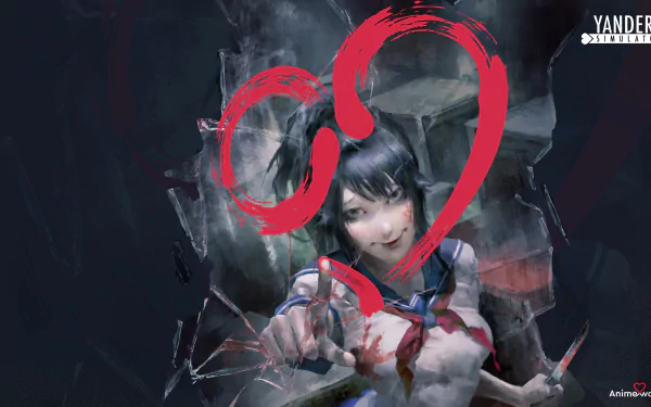 HD PC desktop wallpaper featuring Ayano Aishi (Yandere-Chan) from the video game Yandere Simulator with a shattered glass effect and a red heart outline.