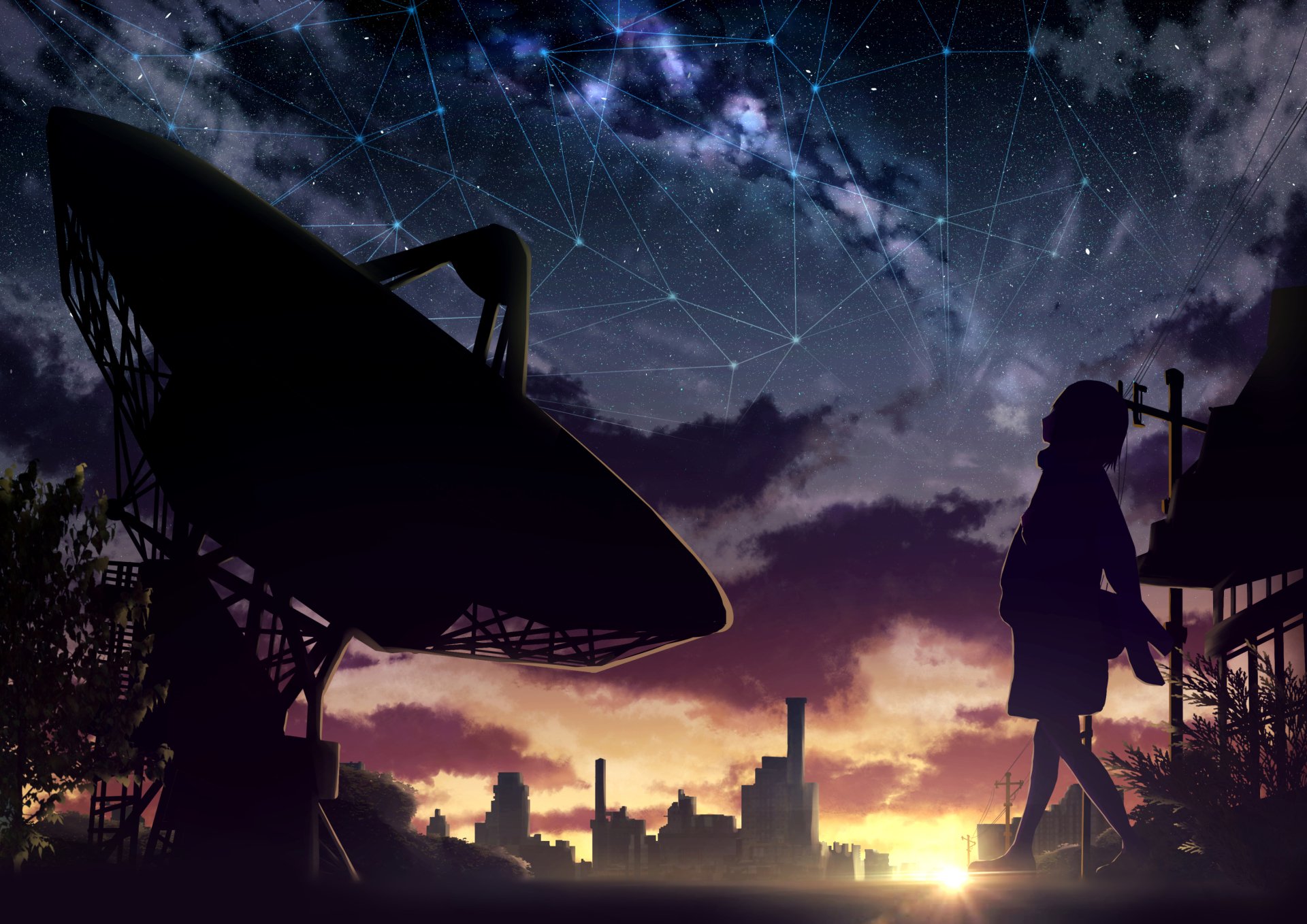 Anime-style HD desktop wallpaper featuring a satellite dish silhouetted against a vibrant sunset and starry night sky with a shooting star.