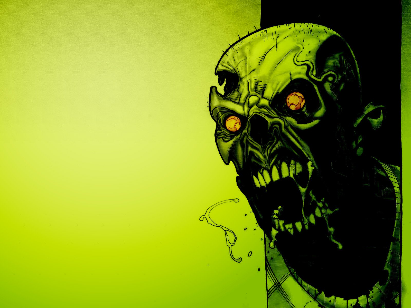 HD desktop wallpaper with a dark, eerie skull illustration against a green background. The skull features glowing red eyes and sharp teeth.