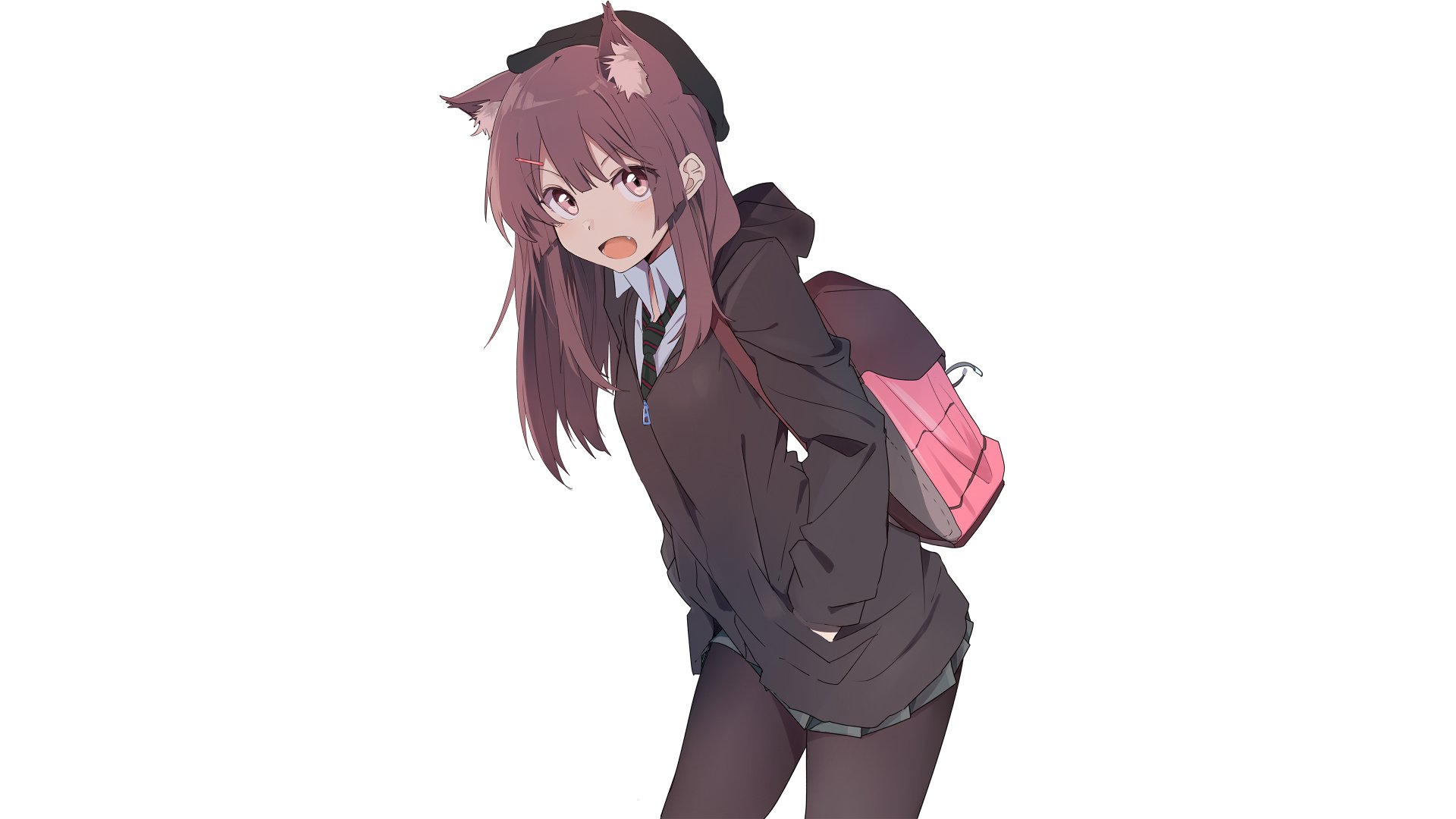 HD wallpaper of an anime girl with pink hair, wearing a black hoodie and a pink backpack. She has animal ears and a playful expression.