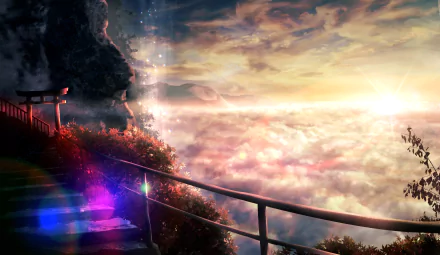 An anime-style HD desktop wallpaper featuring a breathtaking sunrise over a sea of clouds, with vibrant colors and a serene atmosphere. A torii gate and steps lead the viewer into the picturesque scene.