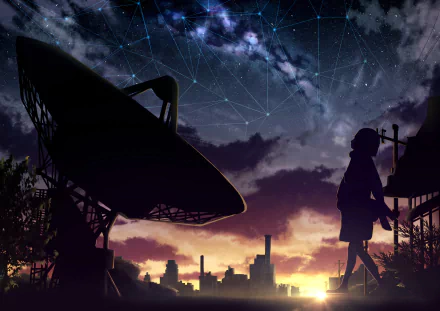 Anime-style HD desktop wallpaper featuring a satellite dish silhouetted against a vibrant sunset and starry night sky with a shooting star.