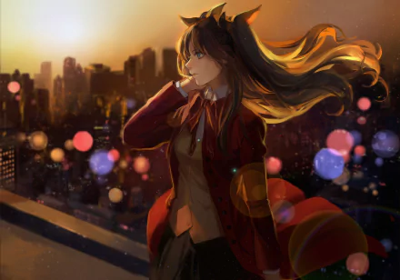 HD PC desktop wallpaper featuring Rin Tohsaka from the anime Fate/Stay Night, depicted against a cityscape at sunset with glowing bokeh effects.