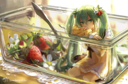 HD PC desktop wallpaper featuring Hatsune Miku from Vocaloid, depicted as a tiny anime character inside a glass container with strawberries and flowers.