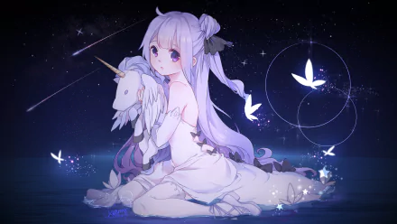 A serene anime scene featuring Unicorn from Azur Lane, sitting gracefully with a unicorn plush, surrounded by ethereal butterflies against a starry backdrop. High-definition desktop wallpaper.