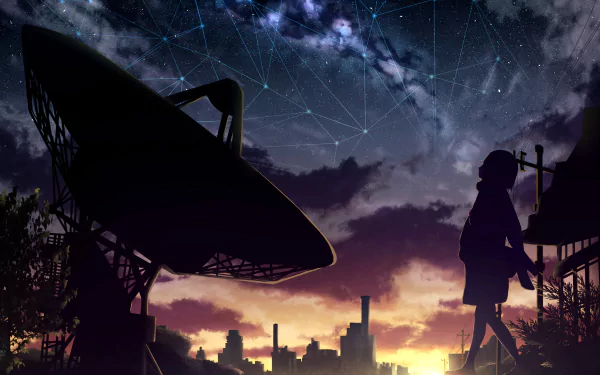 Anime-style HD desktop wallpaper featuring a satellite dish silhouetted against a vibrant sunset and starry night sky with a shooting star.
