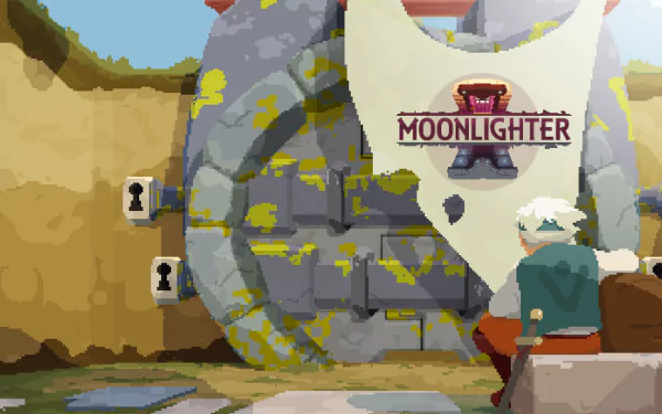 HD desktop wallpaper of Moonlighter game, featuring a character standing before a large, intricate gate.