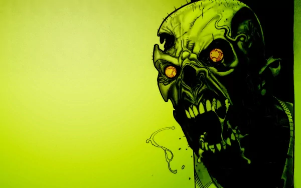 HD desktop wallpaper with a dark, eerie skull illustration against a green background. The skull features glowing red eyes and sharp teeth.
