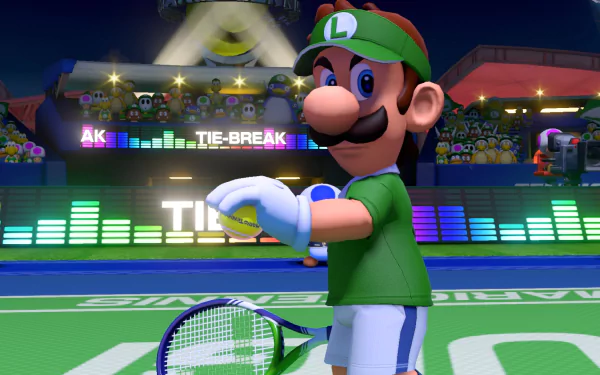 HD wallpaper of Luigi ready to serve in Mario Tennis Aces, set against an energetic night-time tennis court backdrop.