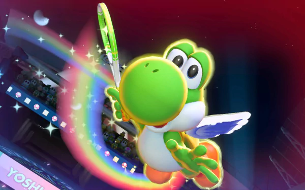 HD wallpaper featuring Yoshi from Mario Tennis Aces, swinging a tennis racket with dynamic energy on a vibrant red background.