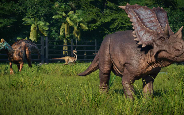 HD wallpaper from Jurassic World: Evolution featuring detailed dinosaurs in a lush park setting.