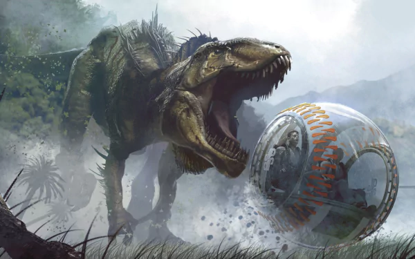 HD desktop wallpaper from Jurassic World: Evolution featuring a roaring dinosaur next to a gyrosphere.