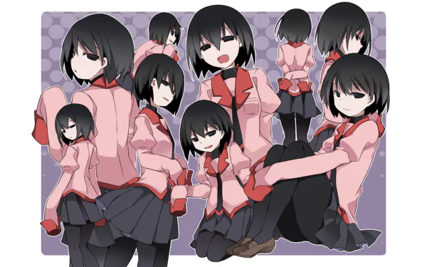 HD PC desktop wallpaper featuring multiple poses of Ougi Oshino from the anime Owarimonogatari, part of the Monogatari series, against a purple patterned background.