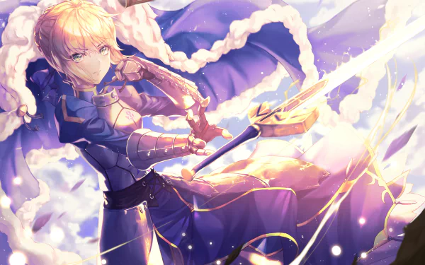Saber from Fate/Grand Order in detailed armor, wielding her sword amid glowing magical energy, captured in a vibrant 4K Ultra HD anime wallpaper background.