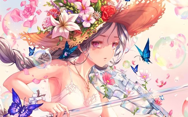 Anime Music Violin Hat Violinist Long Hair Twintails Pink Eyes Flower Bubble Butterfly Necklace HD Wallpaper | Background Image