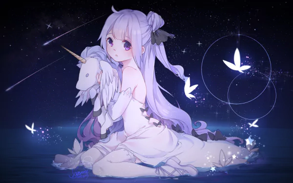 A serene anime scene featuring Unicorn from Azur Lane, sitting gracefully with a unicorn plush, surrounded by ethereal butterflies against a starry backdrop. High-definition desktop wallpaper.