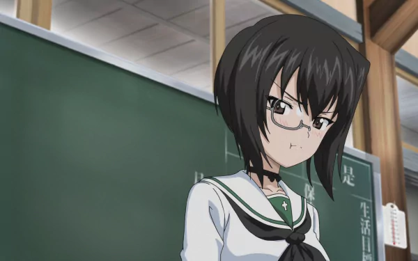 HD PC desktop wallpaper featuring Momo Kawashima from the anime Girls und Panzer, depicted in a classroom setting with a determined expression.
