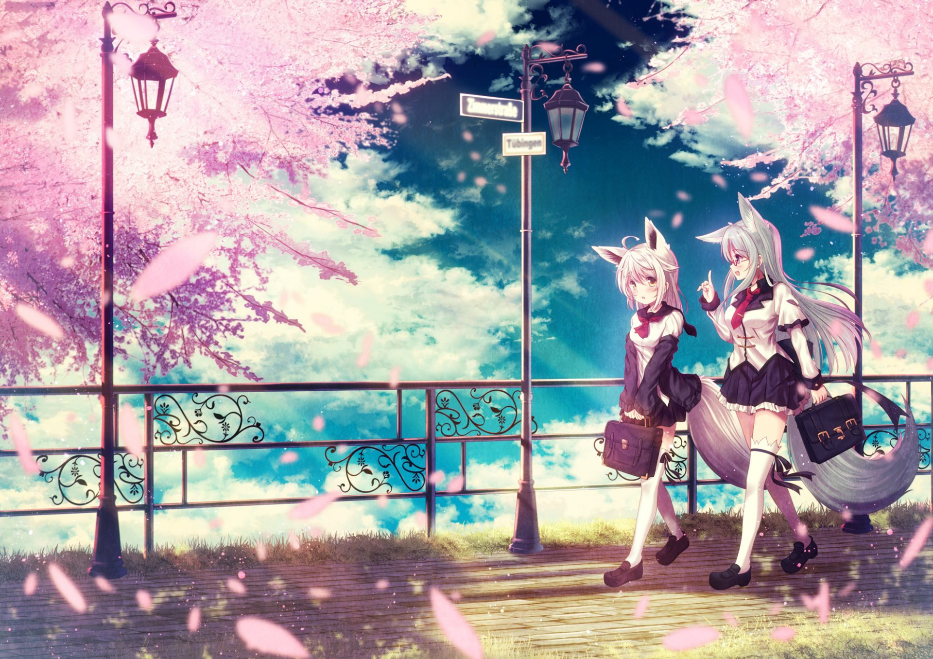 Anime-style HD desktop wallpaper featuring two white-haired characters with brown eyes, glasses, tails, and bags walking under cherry blossoms by ornate lamps.