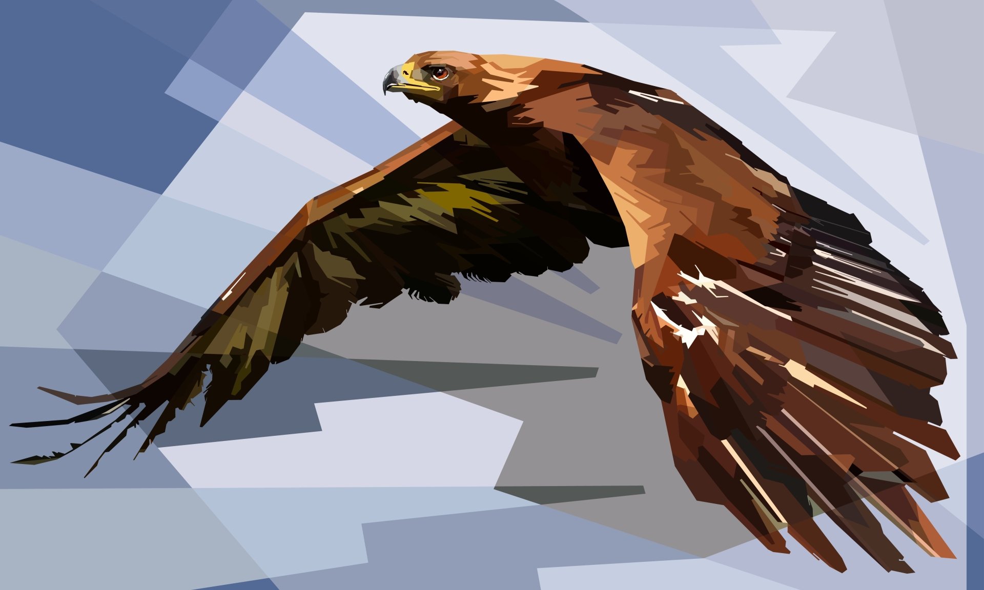 Artistic 4K Ultra HD desktop wallpaper of a soaring eagle with detailed brown feathers against a geometric blue-gray background.