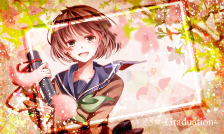 HD anime-style original illustration of a cheerful girl in a school uniform holding a diploma, surrounded by cherry blossoms, designed as a PC desktop wallpaper.