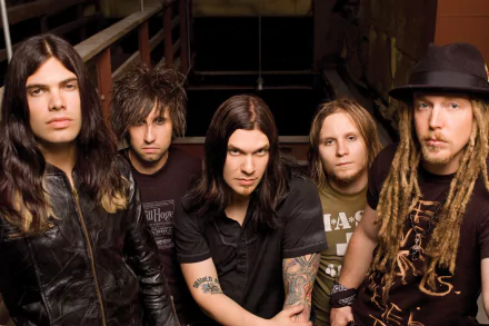 HD desktop wallpaper featuring the members of the band Shinedown posing against an industrial backdrop.