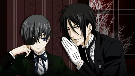 HD anime wallpaper featuring Sebastian Michaelis and Ciel Phantomhive from Black Butler, showcasing their iconic dark Victorian attire and intense expressions.