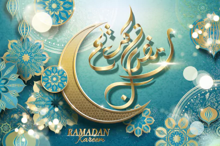 4K Ultra HD religious Ramadan PC desktop wallpaper: gold crescent and flowing Arabic calligraphy on a teal backdrop with ornate floral patterns and glowing lantern accents.