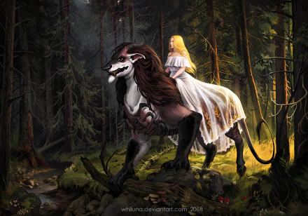 HD PC desktop wallpaper of a blonde woman in a white dress with long hair riding a large fantasy creature/beast through a shadowy forest background.