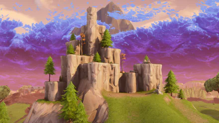 HD Fortnite desktop wallpaper featuring a picturesque rocky landscape with green trees under a vibrant purple and orange sky.