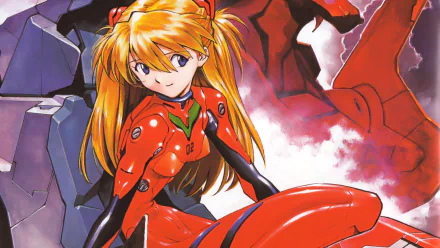 HD PC desktop wallpaper featuring Asuka Langley Sohryu from the anime Neon Genesis Evangelion in her red plug suit against a dramatic background.