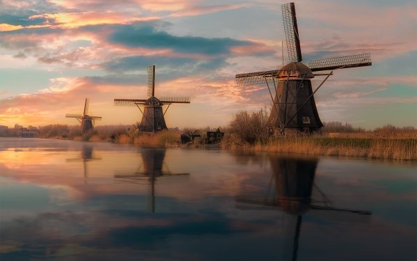 Man Made Windmill Building Reflection River HD Wallpaper | Background Image