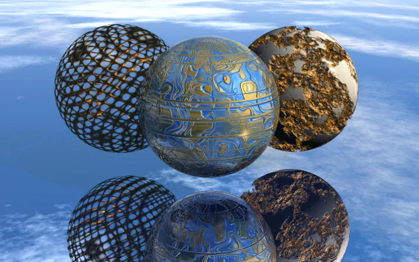 4K Ultra HD PC desktop wallpaper featuring three abstract spheres with intricate textures floating above a reflective surface against a sky backdrop.