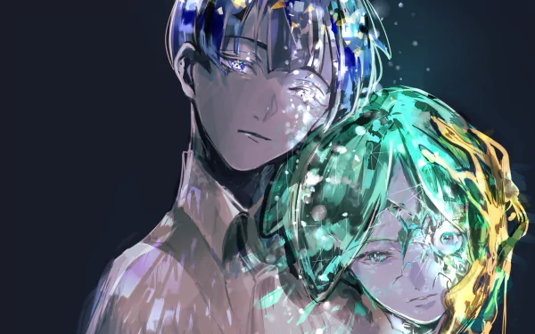 HD anime wallpaper featuring Phosphophyllite and Lapis Lazuli from Land of the Lustrous, showcasing their shimmering crystal-like appearances against a dark background.