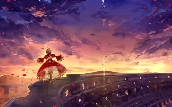 HD PC desktop wallpaper featuring Nero Claudius from Fate/Extra, standing on a curved stone structure under a vibrant, dramatic sunset sky with falling petals.