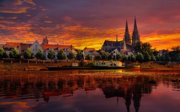 Man Made City Cities Regensburg Germany Reflection Church Sunset Water Sky HD Wallpaper | Background Image