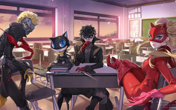 HD PC wallpaper of Persona 5 characters Ryuji Sakamoto, Ann Takamaki, Morgana and protagonist Akira Kurusu posing in a sunlit classroom, vibrant anime-style art.
